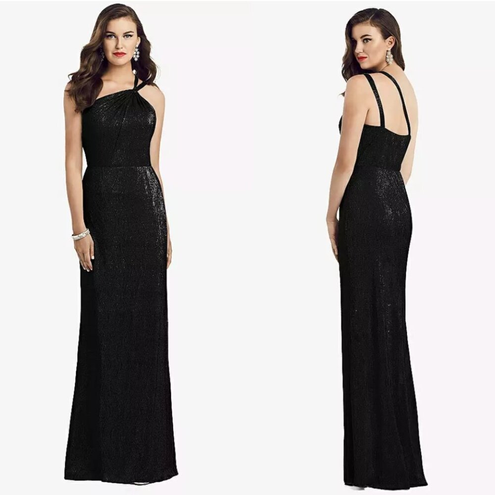 Dessy Collection One-Shoulder Twist Metallic Trumpet Gown Black Size 8 NWT #3064
